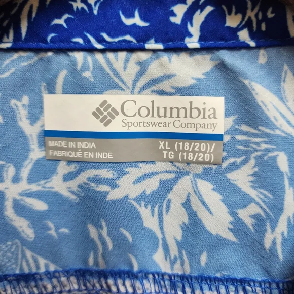 Columbia PFG Shirt Boys Youth XL Blue White Floral Hawaiian Short Sleeve Button - Picture 11 of 15